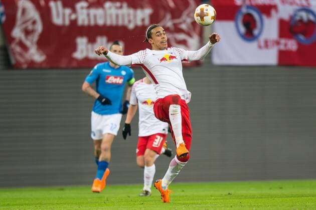 22.02.2018 LIPSK, PILKA NOZNA (FOOTBALL), UEFA LIGA EUROPY (UEFA EUROPA LEAGUE), SEZON 2017 2018 , 1 16 FINAL (ROUND OF 16) MECZ RB LIPSK - SSC NAPOLI (RB LEIPZIG - SSC NAPOLI) NZ YUSSUF POULSEN FOTO LUKASZ SKWIOT CYFRASPORT NEWSPIX.PL --- Newspix.pl  20180222CSLS0022