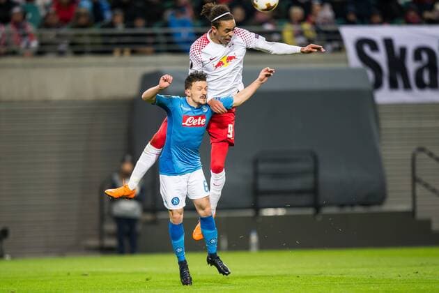 22.02.2018 LIPSK, PILKA NOZNA (FOOTBALL), UEFA LIGA EUROPY (UEFA EUROPA LEAGUE), SEZON 2017 2018 , 1 16 FINAL (ROUND OF 16) MECZ RB LIPSK - SSC NAPOLI (RB LEIPZIG - SSC NAPOLI) NZ MARIO RUI YUSSUF POULSEN FOTO LUKASZ SKWIOT CYFRASPORT NEWSPIX.PL --- Newspix.pl  20180222CSLS0024