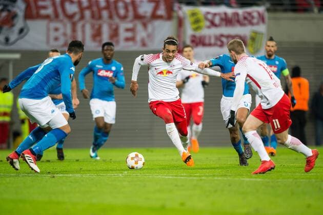 22.02.2018 LIPSK, PILKA NOZNA (FOOTBALL), UEFA LIGA EUROPY (UEFA EUROPA LEAGUE), SEZON 2017 2018 , 1 16 FINAL (ROUND OF 16) MECZ RB LIPSK - SSC NAPOLI (RB LEIPZIG - SSC NAPOLI) NZ YUSSUF POULSEN FOTO LUKASZ SKWIOT CYFRASPORT NEWSPIX.PL --- Newspix.pl  20180222CSLS0029