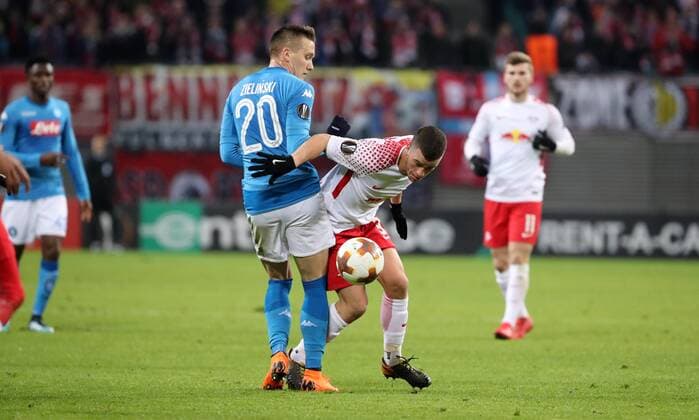 RB Leipzig SSC Napoli Soccer Euro League Leipzig 22 02 2018 Red Bull Arena Soccer UEFA Euro League 16 El Final SSC Napoli vs. RB Leipzig In the picture from the left Piotr Zielinski 20 Naples and Diego Demme 31 RB Leipzig