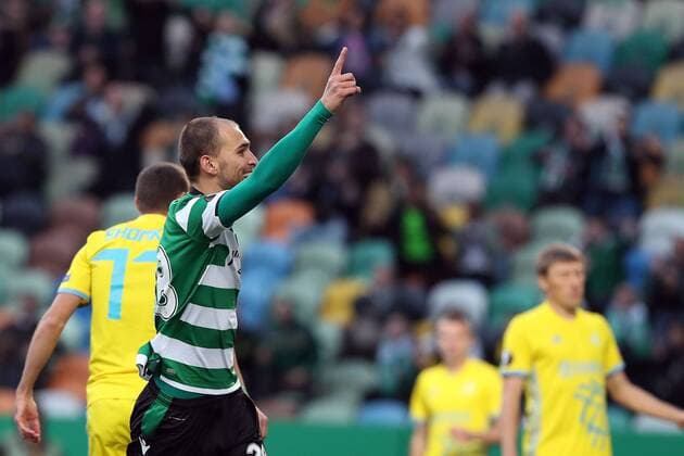 February 22, 2018 - Lisbon, Portugal - Sporting s forward Bas Dost from Holland celebrates after scoring a goal during the UEFA Europa League round of 32 second leg football match between Sporting CP and FC Astana at Alvalade stadium in Lisbon, Portugal on February 22, 2018. UEFA Europa League round of 32 second leg football match Sporting CP vs FC Astana - ZUMAf123 20180222_zap_f123_001 Copyright: xPedroxFiuzax