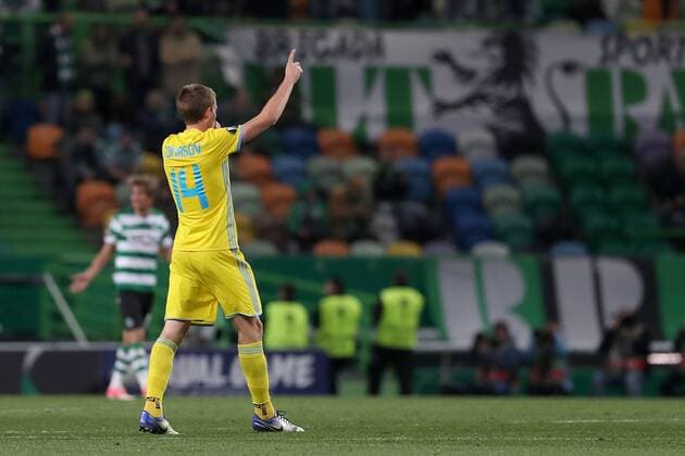 February 22, 2018 - Lisbon, Portugal - AstanaÂ«s forward Marin Tomasov (14) celebrates after scoring a goal during the UEFA Europa League round of 32 second leg football match between Sporting CP and FC Astana at Alvalade stadium in Lisbon, Portugal on February 22, 2018. UEFA Europa League round of 32 second leg football match Sporting CP vs FC Astana - ZUMAf123 20180222_zap_f123_003 Copyright: xPedroxFiuzax