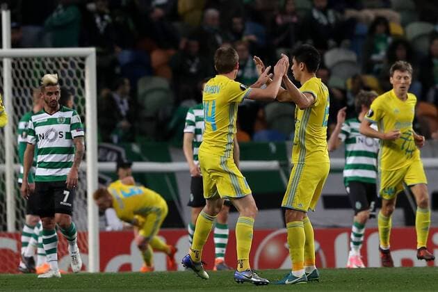 February 22, 2018 - Lisbon, Portugal - AstanaÂ«s forward Marin Tomasov (14) celebrates with teammates after scoring during the UEFA Europa League round of 32 second leg football match between Sporting CP and FC Astana at Alvalade stadium in Lisbon, Portugal on February 22, 2018. UEFA Europa League round of 32 second leg football match Sporting CP vs FC Astana - ZUMAf123 20180222_zap_f123_004 Copyright: xPedroxFiuzax
