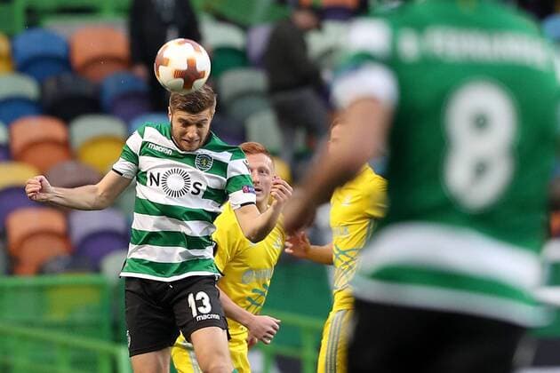 February 22, 2018 - Lisbon, Portugal - Sporting s defender Stefan Ristovsk from Macedonia heads the ball during the UEFA Europa League round of 32 second leg football match between Sporting CP and FC Astana at Alvalade stadium in Lisbon, Portugal on February 22, 2018. UEFA Europa League round of 32 second leg football match Sporting CP vs FC Astana - ZUMAf123 20180222_zap_f123_005 Copyright: xPedroxFiuzax
