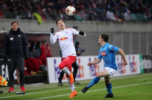 RB Leipzig SSC Naples Soccer Euro League Leipzig 22 02 2018 Red Bull Arena Soccer UEFA Euro League 16 El Final SSC Napoli vs. RB Leipzig In the picture from the left Marcel Sabitzer 7 RB Leipzig and Mario Riori 6 Napoli