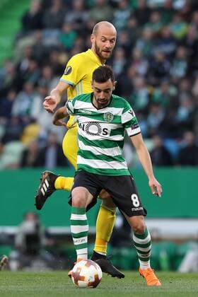 February 22, 2018 - Lisbon, Portugal - Sporting s midfielder Bruno Fernandes from Portugal vies with AstanaÂ«s midfielder Ivan Maewski during the UEFA Europa League round of 32 second leg football match between Sporting CP and FC Astana at Alvalade stadium in Lisbon, Portugal on February 22, 2018. UEFA Europa League round of 32 second leg football match Sporting CP vs FC Astana - ZUMAf123 20180222_zap_f123_007 Copyright: xPedroxFiuzax