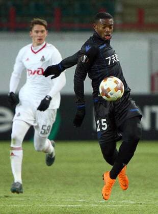 MOSCOW, RUSSIA - FEBRUARY 22, 2018: Lokomotiv Moscow s Alexei Miranchuk (L) and OGC Nice s Wylan Cyprien fight for the ball in their 2017 18 UEFA Europa League Round of 32 second leg football match at RZD Arena Stadium. Lokomotiv Moscow won the game 1-0. Mikhail Tereshchenko TASS  TS075566