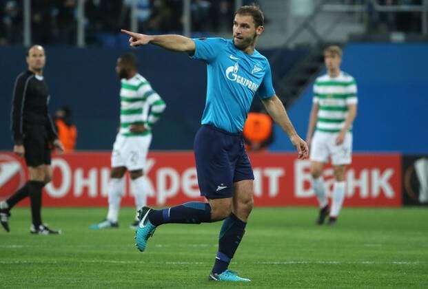 ST PETERSBURG, RUSSIA â€“ FEBRUARY 22, 2018: Zenit St Petersburg s Branislav Ivanovic gestures in Leg 2 of their 2017 18 UEFA Europa League Round of 32 football match against Celtic F.C. at Saint Petersburg Stadium. Alexander Demianchuk TASS  TS075569