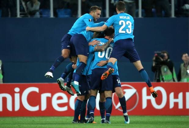 ST PETERSBURG, RUSSIA â€“ FEBRUARY 22, 2018: Zenit St Petersburg s players celebrate scoring in Leg 2 of their 2017 18 UEFA Europa League Round of 32 football match against Celtic F.C. at Saint Petersburg Stadium. Alexander Demianchuk TASS  TS07556C
