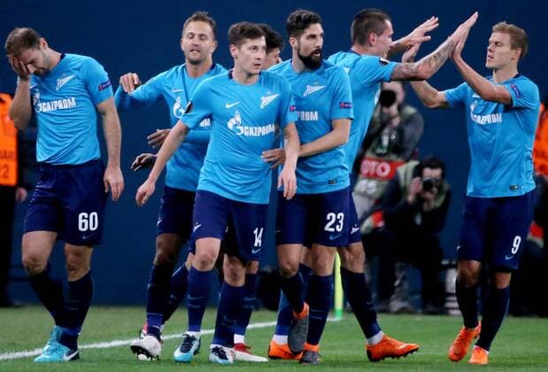 ST PETERSBURG, RUSSIA â€“ FEBRUARY 22, 2018: Zenit St Petersburg s Branislav Ivanovic, Domenico Criscito, Daler Kuzyayev, Miha Mevlja (L-R), and Alexander Kokorin (R) celebrate scoring in Leg 2 of their 2017 18 UEFA Europa League Round of 32 football match against Celtic F.C. at Saint Petersburg Stadium. Alexander Demianchuk TASS  TS07556D