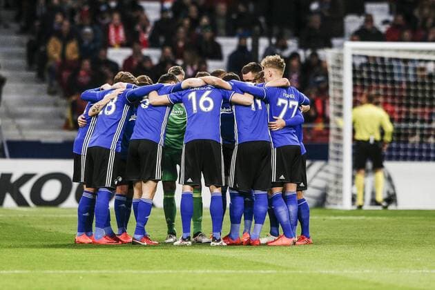 22nd February 2018, Wanda Metropolitano, Madrid, Spain; UEFA Europa League football, round of 32, 2nd leg, Atletico Madrid versus FC Copenhagen; Copenhagen huddle pre-game  ActionPlus11991348
