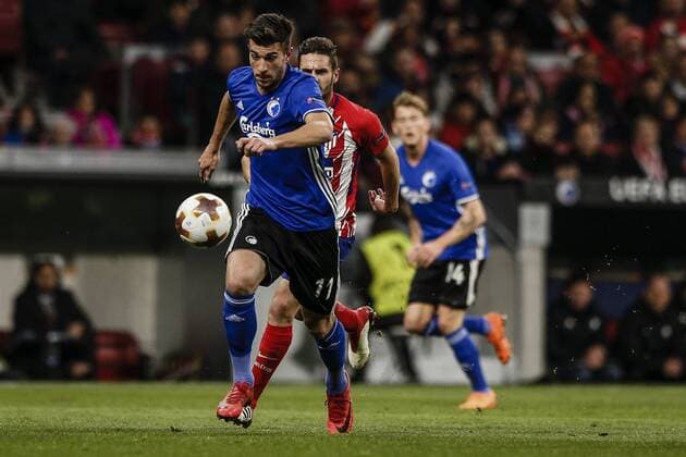 22nd February 2018, Wanda Metropolitano, Madrid, Spain; UEFA Europa League football, round of 32, 2nd leg, Atletico Madrid versus FC Copenhagen; Andrija Pavlovic (Cop) drives forward on the ball  ActionPlus11991354