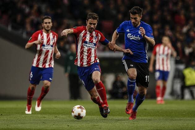 22nd February 2018, Wanda Metropolitano, Madrid, Spain; UEFA Europa League football, round of 32, 2nd leg, Atletico Madrid versus FC Copenhagen; Grabiel Fenandez (Atletico de Madrid) fights for control of the ball with Andrija Pavlovic (Cop)  ActionPlus11991356