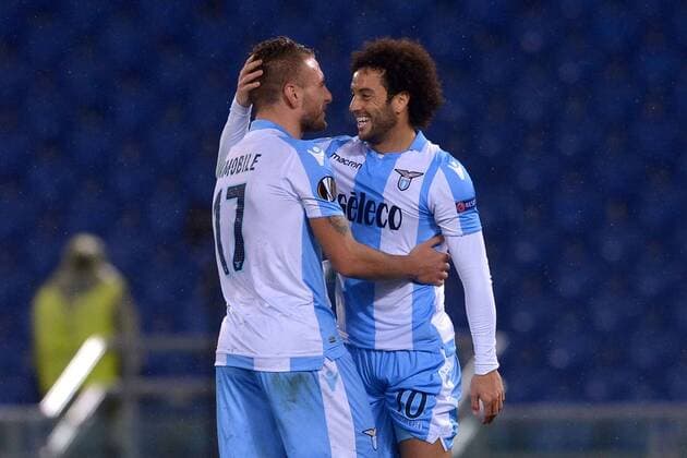 Esultanza dopo il terzo gol di Ciro Immobile Lazio, con Anderson. Goal celebration. Roma 22-02-2018 Stadio Olimpico Europa League · Sedicesimi di finale Lazio - FCSB Foto Antonietta Baldassarre Insidefoto AntoxBaldassarre