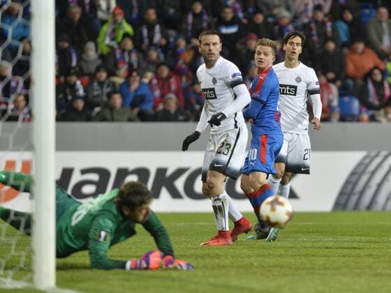 From left goalie of Partizan Vladimir Stojkovic, Marko Jevtovic of Partizan, Jan Kopic of Viktoria and Bojan Ostojic of Partizan in action during the Europa Football League 2nd round return match Viktoria Plzen vs Partizan Belgrade in Doosan Arena, Plzen (Pilsen), Czech Republic, February 22, 2018. (CTKxPhoto MiroslavxChaloupka) CTKPhotoP201802221184701  _CHA6835