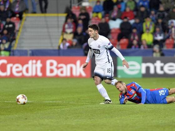 From left Sasa Zdjelar of Partizan and Daniel Kolar of Viktoria in action during the Europa Football League 2nd round return match Viktoria Plzen vs Partizan Belgrade in Doosan Arena, Plzen (Pilsen), Czech Republic, February 22, 2018. (CTKxPhoto MiroslavxChaloupka) CTKPhotoP201802221192101  _CHA6854