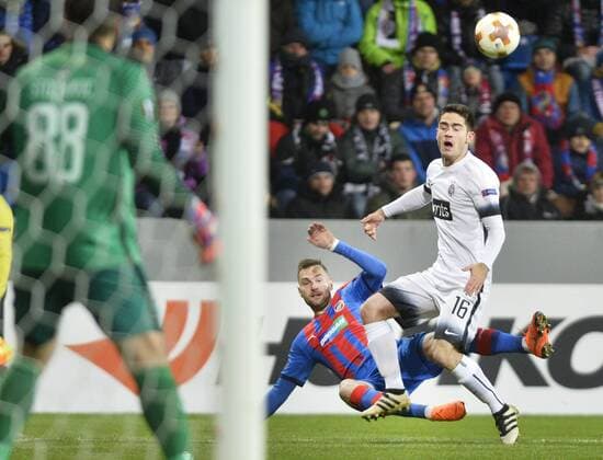 From left RADIM REZNIK of Viktoria and SASA ZDJELAR of Partizan in action during the Europa Football League 2nd round return match Viktoria Plzen vs Partizan Belgrade in Doosan Arena, Plzen (Pilsen), Czech Republic, February 22, 2018. (CTKxPhoto MiroslavxChaloupka) CTKPhotoP201802221222901  cha01