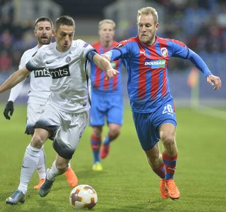 From left MIROSLAV VULICEVIC of Partizan and DANIEL KOLAR of Viktoria in action during the Europa Football League 2nd round return match Viktoria Plzen vs Partizan Belgrade in Doosan Arena, Plzen (Pilsen), Czech Republic, February 22, 2018. (CTKxPhoto MiroslavxChaloupka) CTKPhotoP201802221227201  cha04