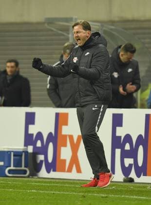 Soccer Mens Season 2017 2018 Europa League second round second leg RB Leipzig SSC Napoli coach Ralph Hasenhüttl RB Leipzig cheering after the final whistle 22 02 2017 Copyright: xMatthiasxKochx