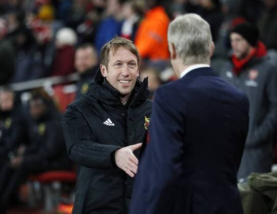 Arsenal s Arsene Wenger shakes hands with Ostersund s Graham Potter during the Europa League Round of 32 match at the Emirates Stadium, London. Picture date: February 22nd 2018. Picture credit should read: David Klein Sportimage EDITORIAL USE ONLY. No use with unauthorised audio, video, data, fixture lists, club league logos or live services. Online in-match use limited to 120 images, no video emulation. No use in betting, games or single club league player publications.