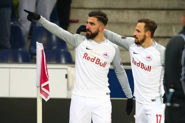 SOCCER - EL, RBS vs Sociedad SALZBURG, AUSTRIA, 22.FEB.18 - SOCCER - UEFA Europa League, Red Bull Salzburg vs Real Sociedad. Image shows the rejoicing of Munas Dabbur and Andreas Ulmer (RBS). GEPAxpictures xFelixxRoittner