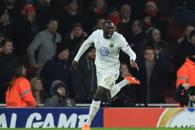 22nd February 2018, Emirates Stadium, London, England; UEFA Europa League football, round of 32, 2nd leg, Arenal versus Ostersund FK; Ken Sema of Ostersunds celebrates after scoring as he makes it 0-2  ActionPlus11991376