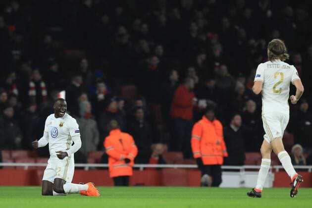 22nd February 2018, Emirates Stadium, London, England; UEFA Europa League football, round of 32, 2nd leg, Arenal versus Ostersund FK; Ken Sema of Ostersunds celebrates after scoring as he makes it 0-2  ActionPlus11991379
