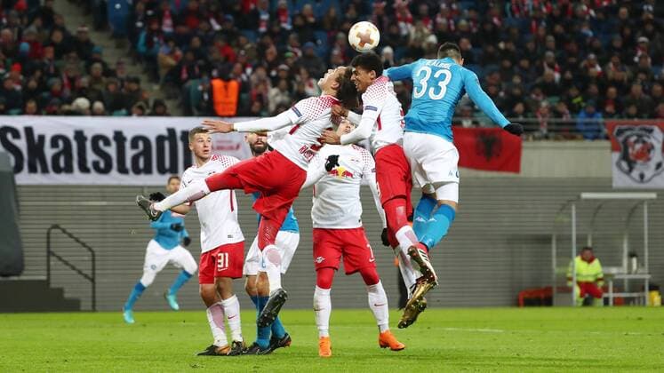 RB Leipzig SSC Napoli Soccer Euro League Leipzig 22 02 2018 Red Bull Arena Soccer UEFA Euro League 16el Final RB Leipzig vs SSC Napoli 0 2 0 1 HIN 3 1 Pictured left Bernardo Fernandes da Silva 3 RB Leipzig Yussuf Poulsen 9 RB Leipzig and Raul Albiol 33 Naples