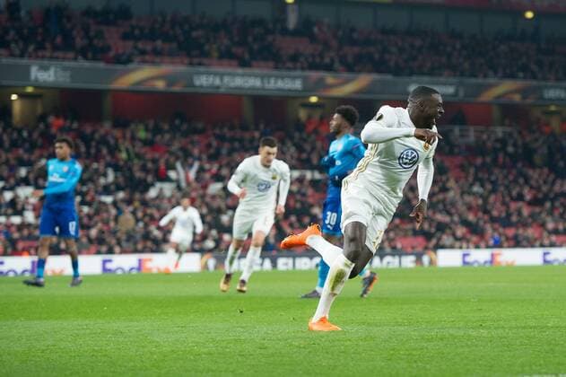 Ken Sema of Östersunds FK celebrates scoring during the UEFA Europa League Round of 16 Second Leg match between Arsenal and Östersunds FK at the Emirates Stadium, London, England on 22 February 2018. Copyright: xVincexMignottx 19020005