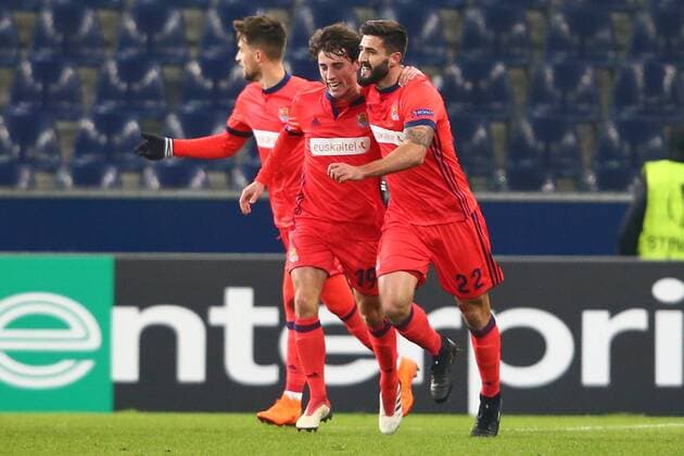 SOCCER - EL, RBS vs Sociedad SALZBURG, AUSTRIA, 22.FEB.18 - SOCCER - UEFA Europa League, Red Bull Salzburg vs Real Sociedad. Image shows the rejoicing of Alvaro Odriozola and Raul Navas (Sociedad). GEPAxpictures xFelixxRoittner