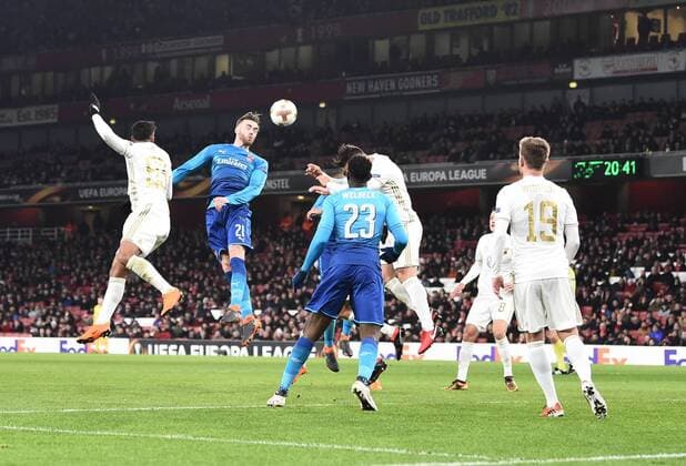 Arsenal v Ostersunds FK UEFA Europa League Calum Chambers of Arsenal with a header on goal during the UEFA Europa League match at the Emirates Stadium, London Content Not Available For UK Newspapers Copyright: xSimonxDaelx FIL-11394-0021