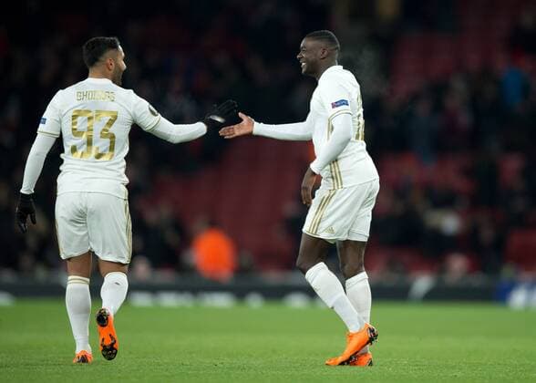 Ken Sema of Östersunds FK celebrates scoring with Saman Ghoddos of Östersunds FK during the UEFA Europa League Round of 16 Second Leg match between Arsenal and Östersunds FK at the Emirates Stadium, London, England on 22 February 2018. Copyright: xVincexMignottx 19020011