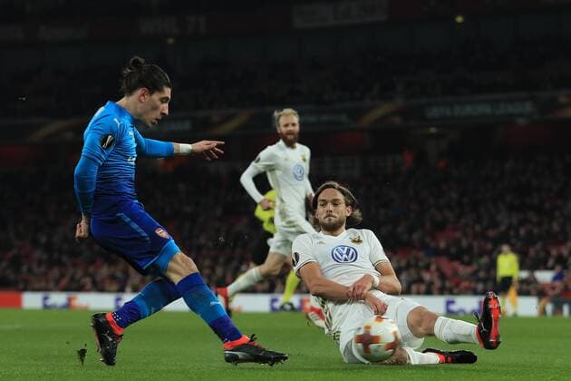 22nd February 2018, Emirates Stadium, London, England; UEFA Europa League football, round of 32, 2nd leg, Arenal versus Ostersund FK; Tom Pettersson of Ostersunds blocks the shot from H& xe9;ctor Bellerin of Arsenal  ActionPlus11991392
