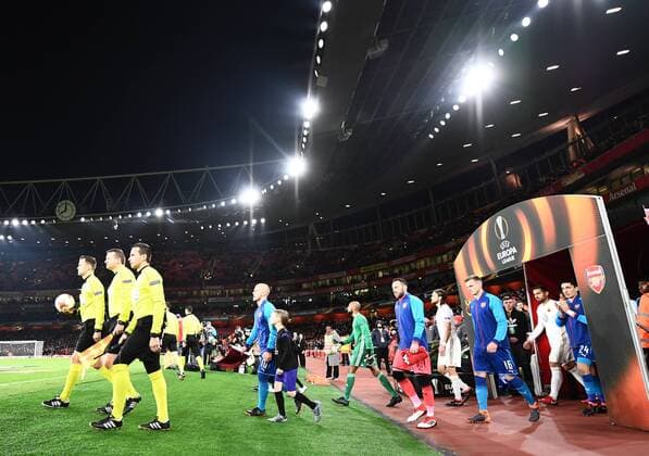 Arsenal v Ostersunds FK UEFA Europa League Players of Arsenal and Ostersunds FK take to the field for the UEFA Europa League match at the Emirates Stadium, London Content Not Available For UK Newspapers Copyright: xSimonxDaelx FIL-11394-0030