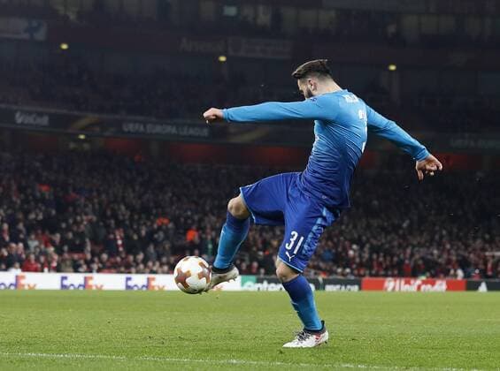 Arsenal s Sead Kolasinac scoring his sides opening goal during the Europa League Round of 32 match at the Emirates Stadium, London. Picture date: February 22nd 2018. Picture credit should read: David Klein Sportimage EDITORIAL USE ONLY. No use with unauthorised audio, video, data, fixture lists, club league logos or live services. Online in-match use limited to 120 images, no video emulation. No use in betting, games or single club league player publications.