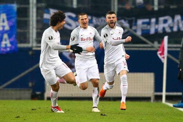 SOCCER - EL, RBS vs Sociedad SALZBURG, AUSTRIA, 22.FEB.18 - SOCCER - UEFA Europa League, Red Bull Salzburg vs Real Sociedad. Image shows the rejoicing of Andre Ramalho, Stefan Lainer and Valon Berisha (RBS). GEPAxpictures xFelixxRoittner