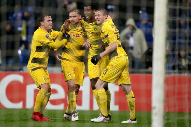 Mario Goetze Borussia Dortmund 10 Marcel Schmelzer Borussia Dortmund 29 Alexander Isak Borussia Dortmund 14 Andre Schuerrle Borussia Dortmund 21 Jubilee following 1 1 Atalanta Bergamo vs Borussia Dortmund Europa League Football 22 02 2018 Reggio Emilia Copyright: xLanger Eibner-Pressefotox EP_HLR