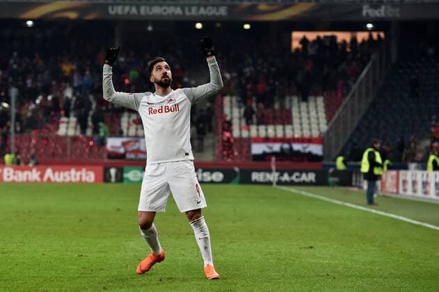 SOCCER - EL, RBS vs Sociedad SALZBURG, AUSTRIA, 22.FEB.18 - SOCCER - UEFA Europa League, Red Bull Salzburg vs Real Sociedad. Image shows the rejoicing of Munas Dabbur (RBS). GEPAxpictures xFlorianxErtl