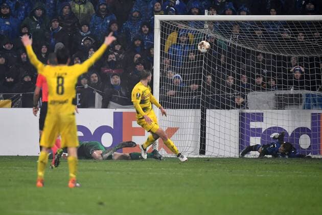 Gol Marcel Schmelzer Borussia 1-1 goal celebration Reggio Emilia 22-02-2018 Stadio del Tricolore Football Calcio Europa League 2017 2018 round of 32 Atalanta - Borussia Dortmund Foto Andrea Staccioli Insidefoto andreaxstaccioli
