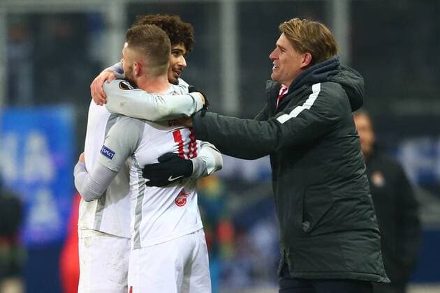 SOCCER - EL, RBS vs Sociedad SALZBURG, AUSTRIA, 22.FEB.18 - SOCCER - UEFA Europa League, Red Bull Salzburg vs Real Sociedad. Image shows the rejoicing of Andre Ramalho, Valon Berisha and sports coordinator Christoph Freund (RBS). GEPAxpictures xFelixxRoittner