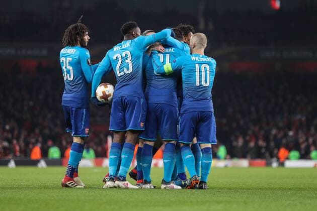 Sead Kolasinac of Arsenal celebrates with team mates after he scores his team?s first goal of the game to make the score 1-2 during the UEFA Europa League match between Arsenal and Ostersunds FK at the Emirates Stadium, London, England on 22 February 2018. Copyright: xDavidxHornx PMI-1844-0015