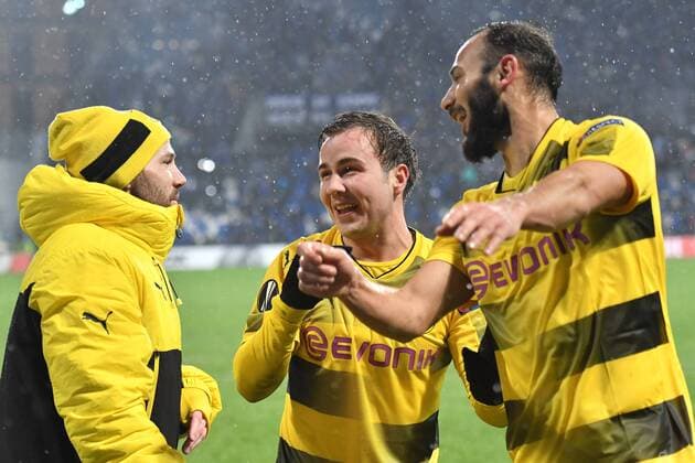 Borussia players celebrate esultanza Mario Gotze Reggio Emilia 22-02-2018 Stadio del Tricolore Football Calcio Europa League 2017 2018 round of 32 Atalanta - Borussia Dortmund Foto Andrea Staccioli Insidefoto andreaxstaccioli
