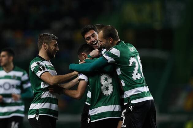 February 22, 2018 - Lisbon, Portugal - Sporting s midfielder Bruno Fernandes celebrates his goal with his teammates during UEFA Europa League round of 32 second leg football match between Sporting CP vs FC Astana, in Lisbon, on February 21, 2018. Sporting Lisbon v FC Astana - UEFA Europa League  - ZUMAn230 20180222_zaa_n230_501 Copyright: xCarlosxPalmax