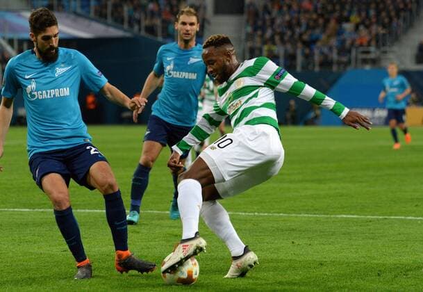 Russia. St. Petersburg. February 22, 2018. Players of Zenit of Mikh Mevl and Celtic Moussa Dembele (from left to right) in a match 1 16 finals of the UEFA Europa League, between the Zenit team (St. Petersburg, Russia) and the Celtic team (Glasgow, Scotland).