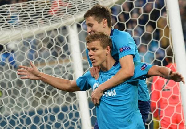 Russia. St. Petersburg. February 22, 2018. Players of Zenit Alexander Kokorin; Dallaire Kuzyaev in a match 1 16 finals of the UEFA Europa League, between the Zenit team (St. Petersburg, Russia) and the Celtic team (Glasgow, Scotland).