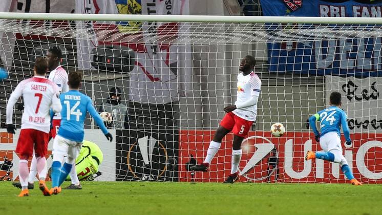 Goal scorer Lorenzo Insigne SSC Napoli hits 0 2 Intermediate round Europa League season 2017 2018 RasenBallsport Leipzig vs SSC Napoli at the RB Arena in Leipzig Action Germany Football man men 22 02 2018