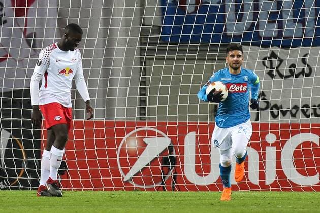 Goal scorer Lorenzo Insigne SSC Napoli hits 0 2 Intermediate round Europa League season 2017 2018 RasenBallsport Leipzig vs SSC Napoli at the RB Arena in Leipzig Action Germany Football man men 22 02 2018