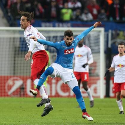Yussuf Poulsen RB Leipzig vs Elseid Hysaj SSC Naples Interlude Europa League Season 2017 2018 RasenBallsport Leipzig vs SSC Naples at the RB Arena in Leipzig Action Germany Football Man Men 22.02.2018