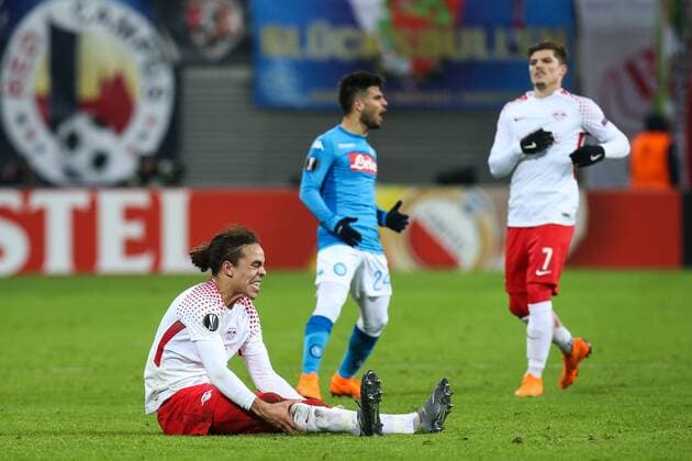 Yussuf Poulsen RB Leipzig Intermediate round Europa League season 2017 2018 RasenBallsport Leipzig vs SSC Naples in the RB Arena in Leipzig Action Germany Football man men 22 02 2018