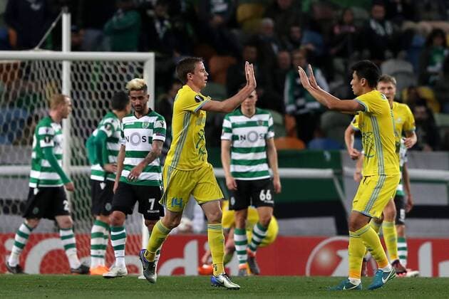 February 22, 2018 - Lisbon, Portugal - Astanas forward Marin Tomasov (14) celebrates with teammates after scoring during the UEFA Europa League round of 32 second leg football match between Sporting CP and FC Astana at Alvalade stadium in Lisbon, Portugal on February 22, 2018. Sporting Lisbon v FC Astana - UEFA Europa League  - ZUMAn230 20180222_zaa_n230_582 Copyright: xPedroxFiuzax
